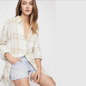 Free People Nordic Day Cozy Flannel Top Ivory Plaid Lace-Up Sides Size L